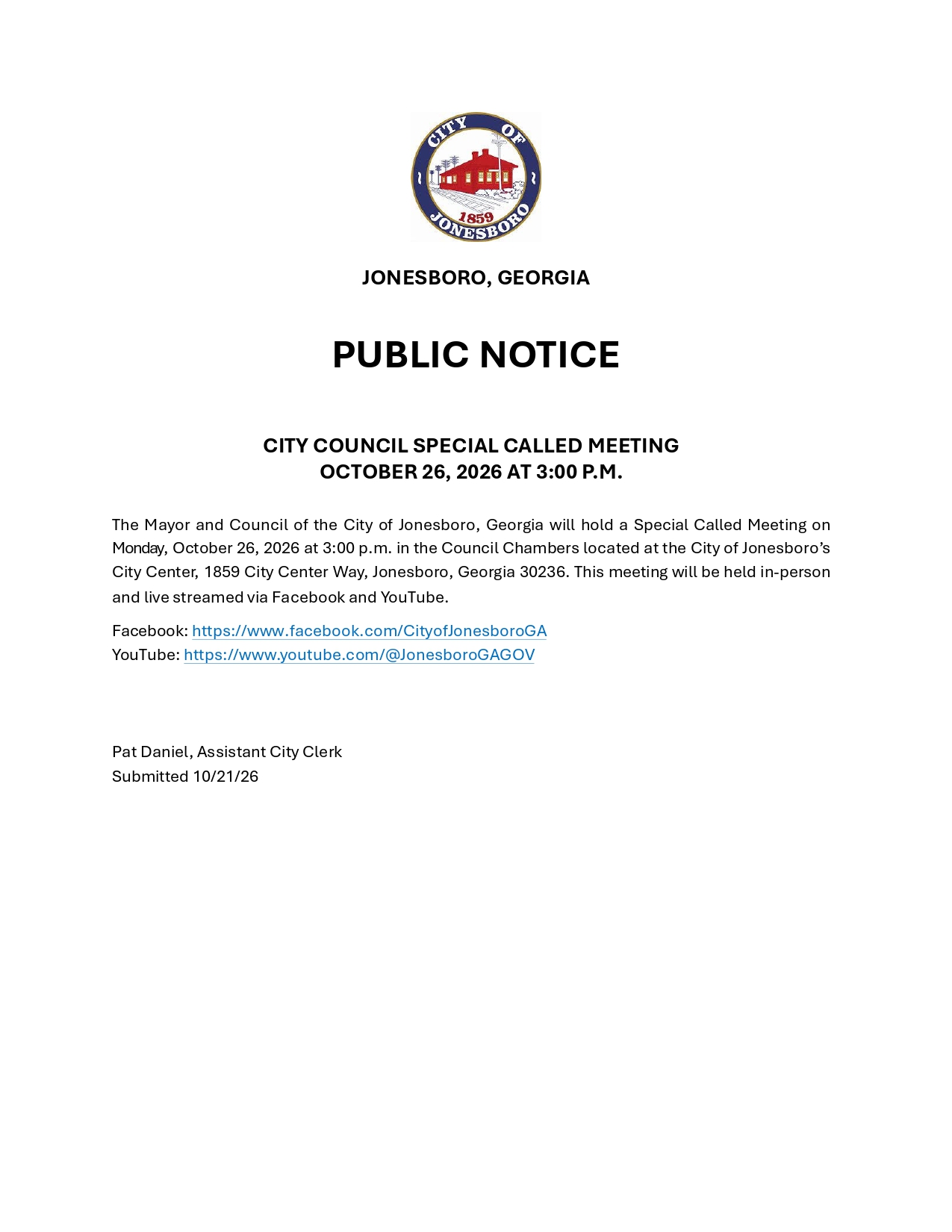 PUBLIC NOTICE - SPECIAL CALLED COUNCIL MEETING